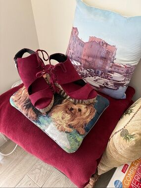 Burgundy Suede Lace-Up Wedge Sandals